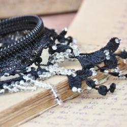 Black lace bracelet, feminine fashion cuff, - beaded.
